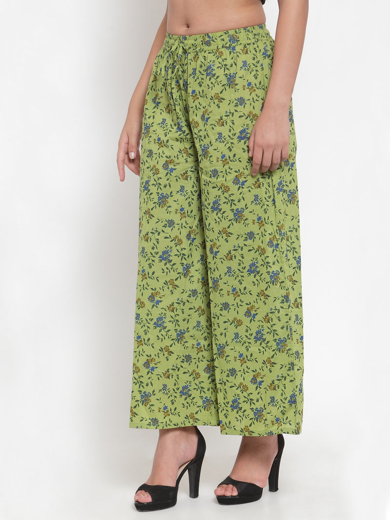 Indibelle Cotton Floral Print Plazzo Pants (Green)