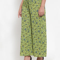 Indibelle Cotton Floral Print Plazzo Pants (Green)