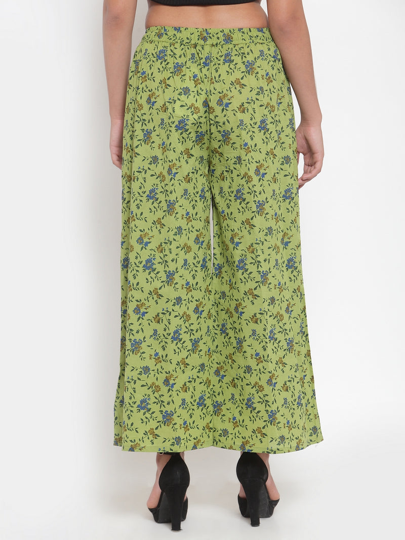 Indibelle Cotton Floral Print Plazzo Pants (Green)