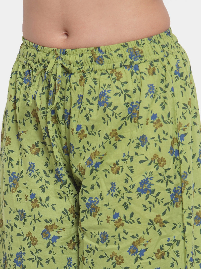 Indibelle Cotton Floral Print Plazzo Pants (Green)