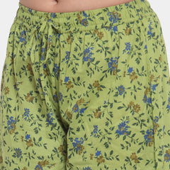 Indibelle Cotton Floral Print Plazzo Pants (Green)