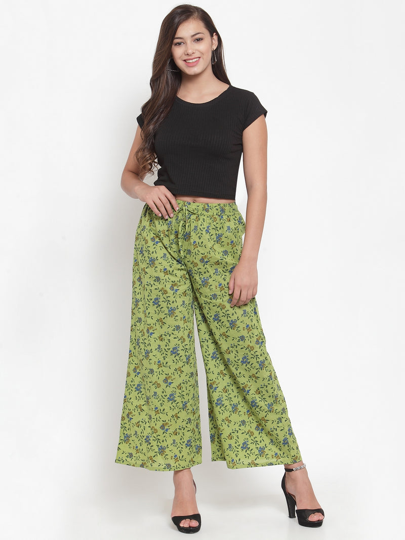 Indibelle Cotton Floral Print Plazzo Pants (Green)