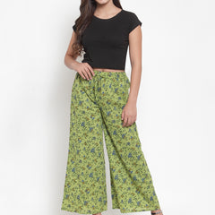 Indibelle Cotton Floral Print Plazzo Pants (Green)