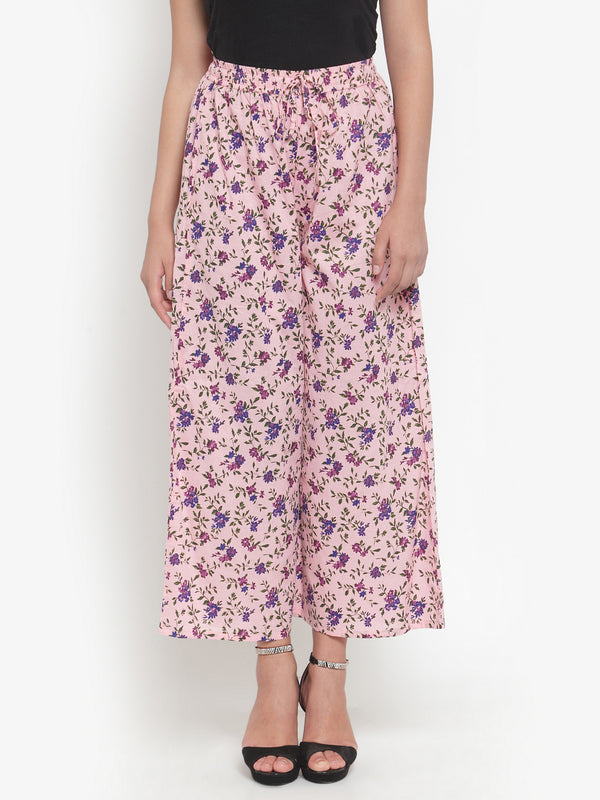 Indibelle Cotton Floral Print Plazzo Pants (Pink)