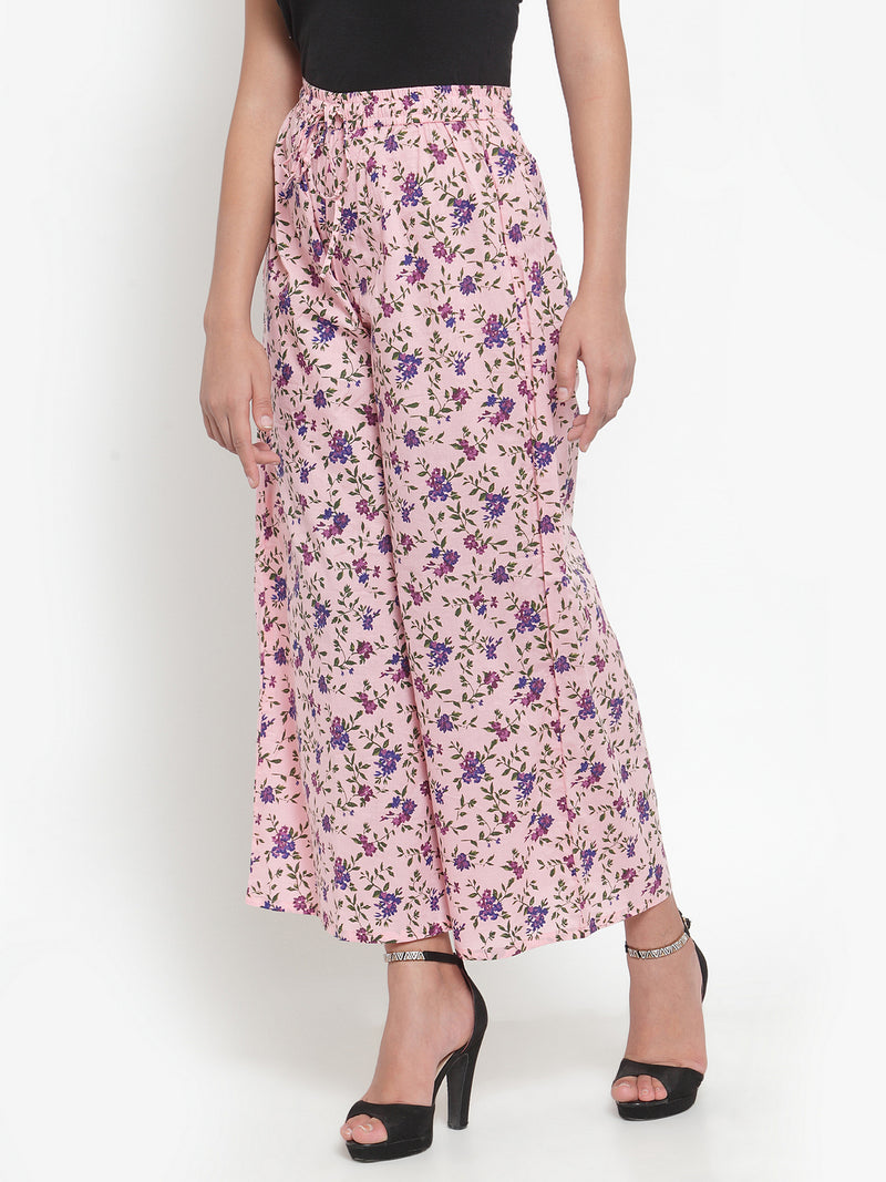 Indibelle Cotton Floral Print Plazzo Pants (Pink)