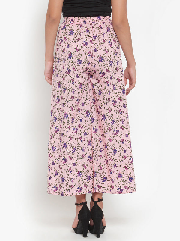 Indibelle Cotton Floral Print Plazzo Pants (Pink)