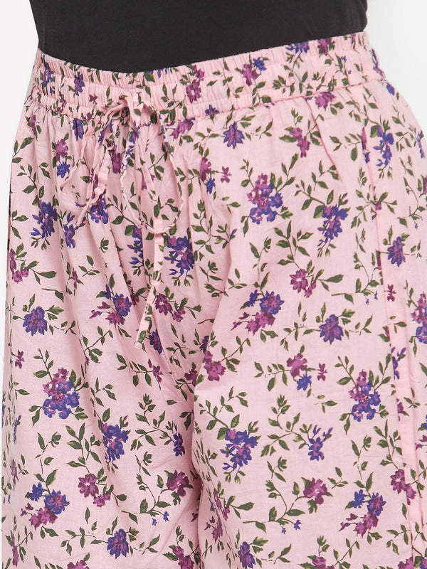 Indibelle Cotton Floral Print Plazzo Pants (Pink)