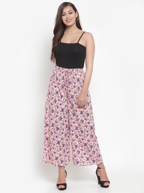 Indibelle Cotton Floral Print Plazzo Pants (Pink)