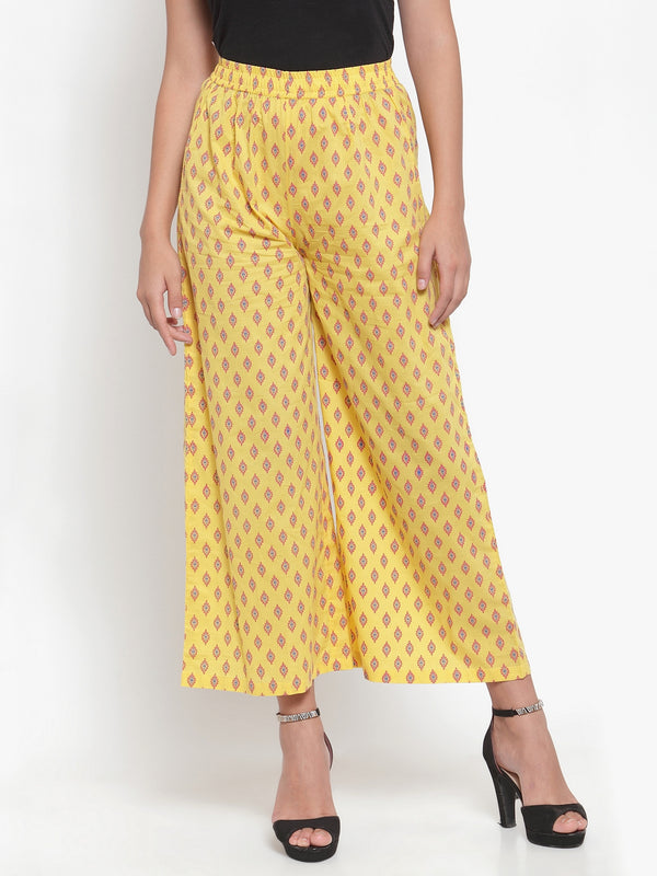 Indibelle Cotton Ethnic Motifs Print Plazzo Pants (Yellow)