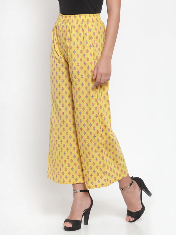 Indibelle Cotton Ethnic Motifs Print Plazzo Pants (Yellow)