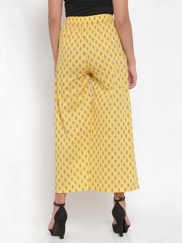 Indibelle Cotton Ethnic Motifs Print Plazzo Pants (Yellow)