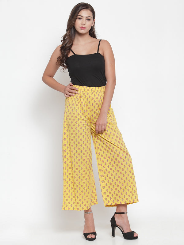 Indibelle Cotton Ethnic Motifs Print Plazzo Pants (Yellow)