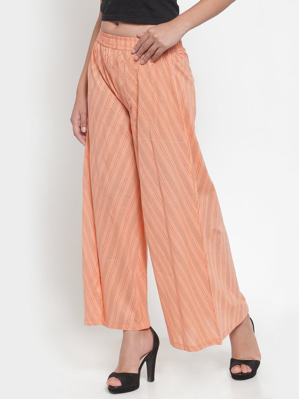 Indibelle Cotton Striped Print Plazzo Pants (Peach)