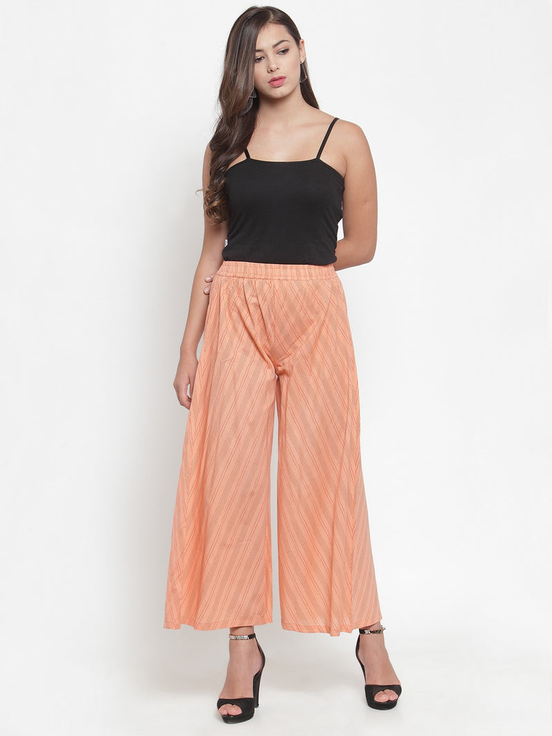 Indibelle Cotton Striped Print Plazzo Pants (Peach)