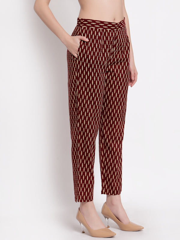 Indibelle Cotton Ethnic Printed Trousers (Maroon)