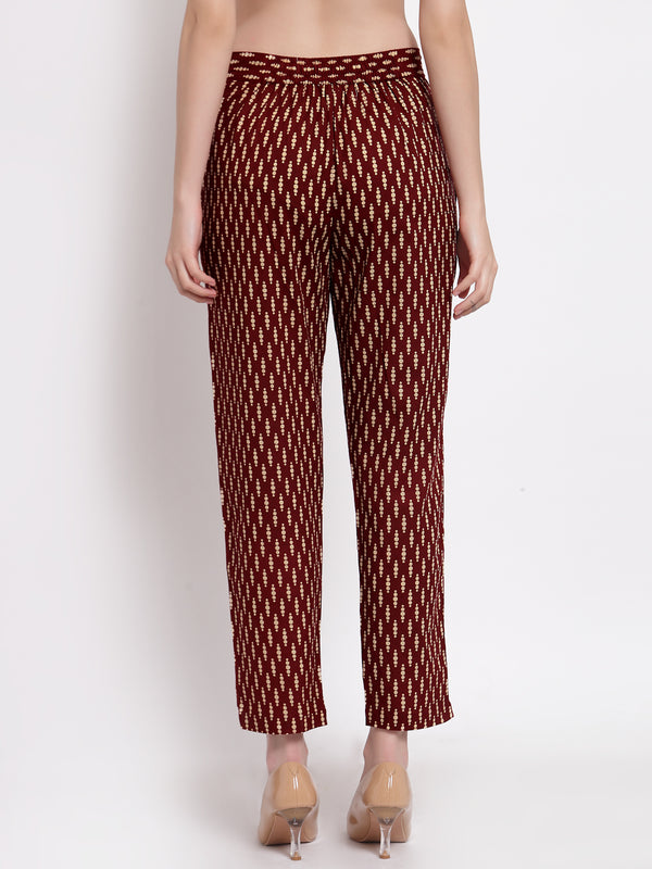 Indibelle Cotton Ethnic Printed Trousers (Maroon)