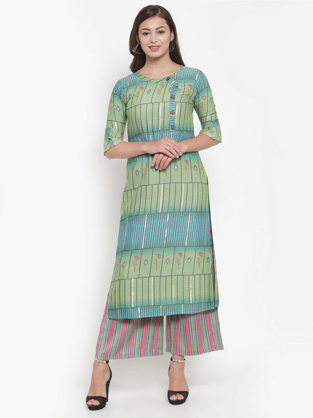 Indibelle Women Green Gold Rayon Foil Print Straight Kurta