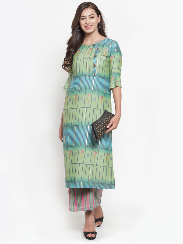 Indibelle Women Green Gold Rayon Foil Print Straight Kurta