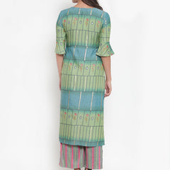 Indibelle Women Green Gold Rayon Foil Print Straight Kurta