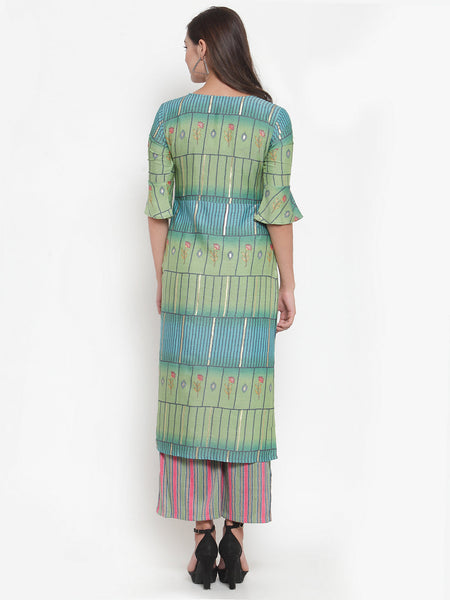 Indibelle Women Green Gold Rayon Foil Print Straight Kurta