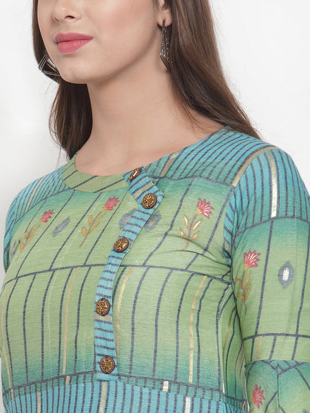Indibelle Women Green Gold Rayon Foil Print Straight Kurta