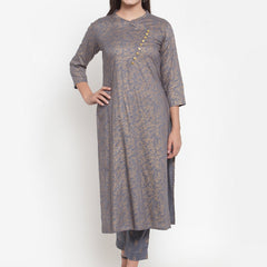 Indibelle Women Gray Gold Rayon Foil Print Straight Kurta