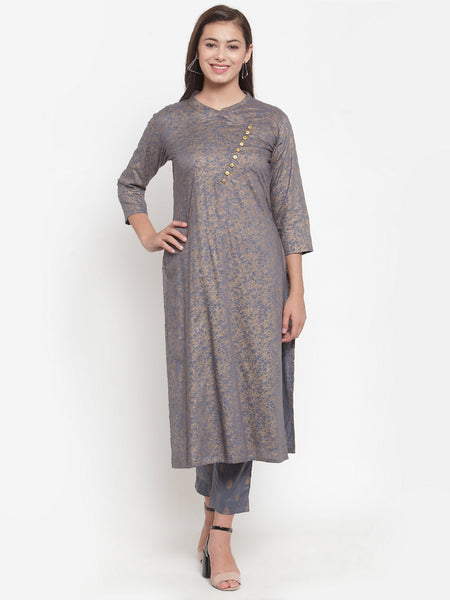 Indibelle Women Gray Gold Rayon Foil Print Straight Kurta