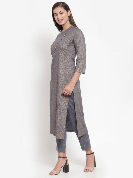 Indibelle Women Gray Gold Rayon Foil Print Straight Kurta