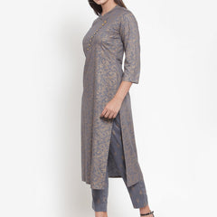 Indibelle Women Gray Gold Rayon Foil Print Straight Kurta set