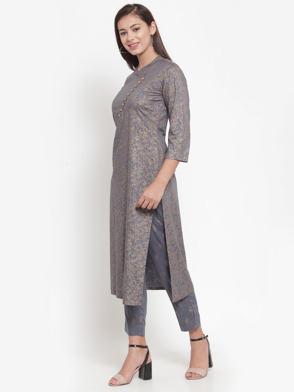 Indibelle Women Gray Gold Rayon Foil Print Straight Kurta set