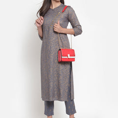 Indibelle Women Gray Gold Rayon Foil Print Straight Kurta set