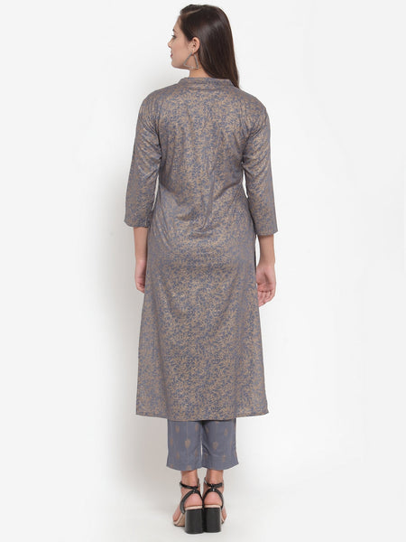 Indibelle Women Gray Gold Rayon Foil Print Straight Kurta
