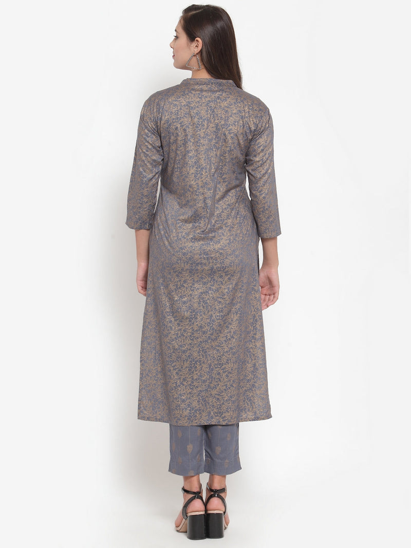 Indibelle Women Gray Gold Rayon Foil Print Straight Kurta set