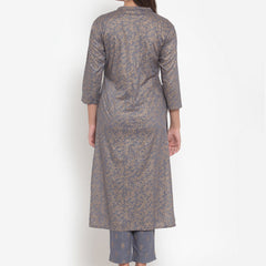 Indibelle Women Gray Gold Rayon Foil Print Straight Kurta set
