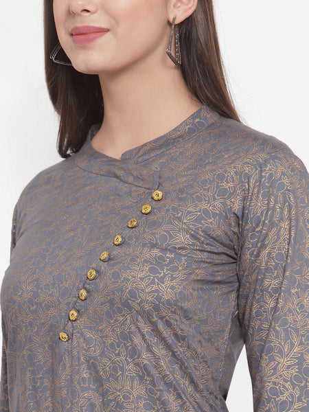 Indibelle Women Gray Gold Rayon Foil Print Straight Kurta