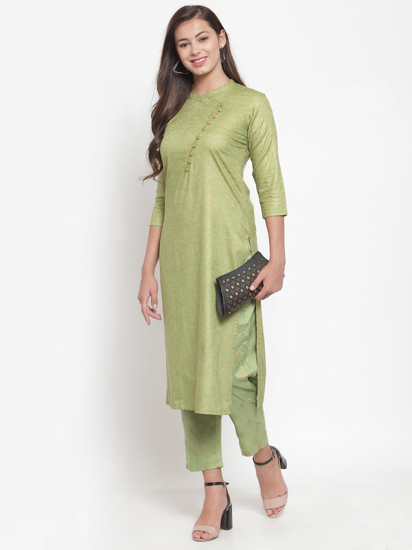 Indibelle Women Pista Green Gold Rayon Foil Print Straight Kurta set