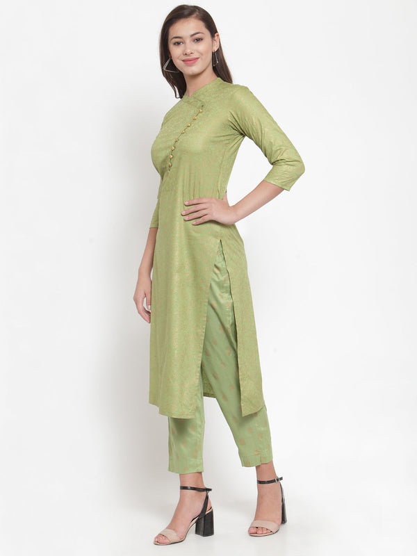 Indibelle Women Pista Green Gold Rayon Foil Print Straight Kurta set