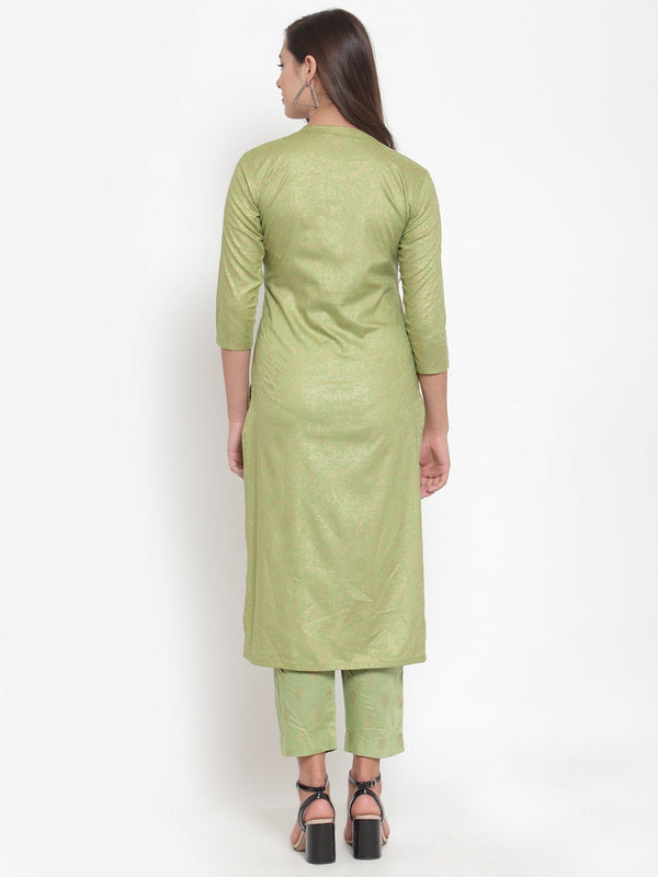 Indibelle Women Pista Green Gold Rayon Foil Print Straight Kurta set