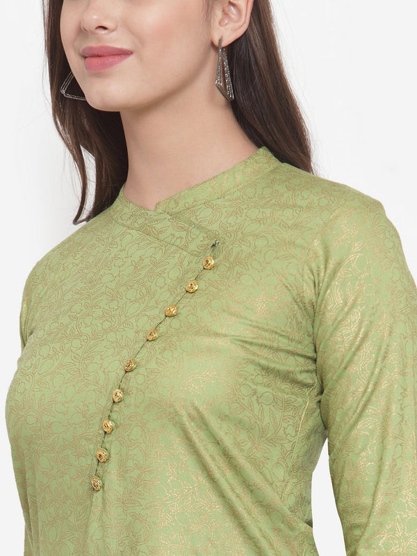 Indibelle Women Pista Green Gold Rayon Foil Print Straight Kurta set