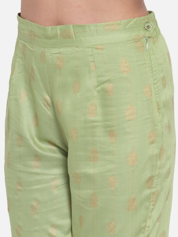 Indibelle Women Pista Green Gold Rayon Foil Print Straight Kurta set