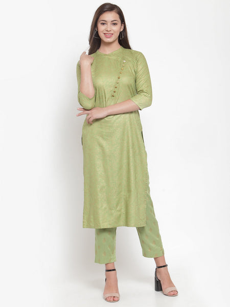 Indibelle Women Pista Green Gold Rayon Foil Print Straight Kurta