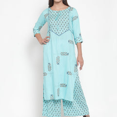 Indibelle Women Sky Blue Rayon Block Print Straight Kurta