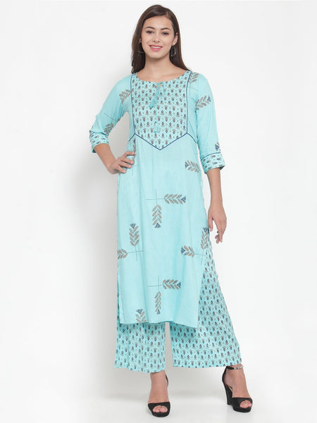 Indibelle Women Sky Blue Rayon Block Print Straight Kurta