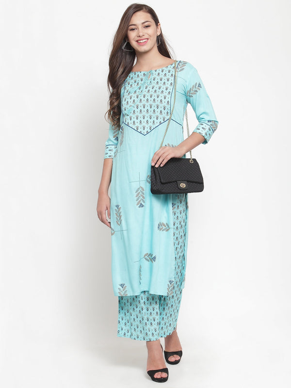 Indibelle Women Sky Blue Rayon Block Print Straight Kurta set