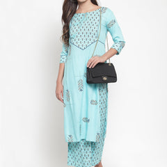 Indibelle Women Sky Blue Rayon Block Print Straight Kurta