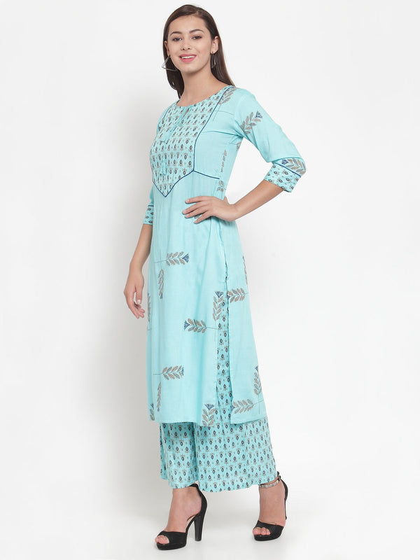 Indibelle Women Sky Blue Rayon Block Print Straight Kurta set