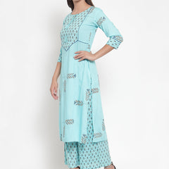 Indibelle Women Sky Blue Rayon Block Print Straight Kurta