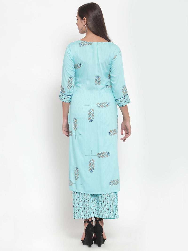 Indibelle Women Sky Blue Rayon Block Print Straight Kurta