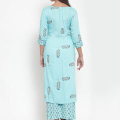 Indibelle Women Sky Blue Rayon Block Print Straight Kurta