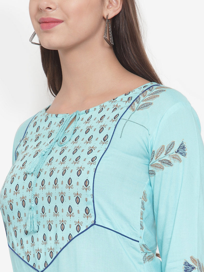 Indibelle Women Sky Blue Rayon Block Print Straight Kurta